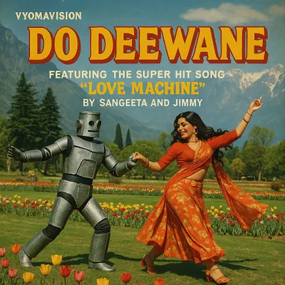 An album cover for the fictional movie 'Do Deewane', showing a woman dancing with a robot in a field of flowers. This is from my 'VyomaVision' series, a tribute to a forgotten Bollywood sci-fi studio.