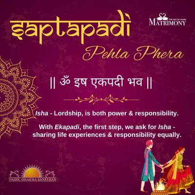 The first step, 'Ekapadi', is a prayer for Isha, which means both power and responsibility. The couple asks to share life's experiences and responsibilities equally, starting their journey as true partners.