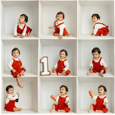 A perfect example of my box photography for a first birthday. This 9-grid collage shows a range of adorable moments, from playful to curious, all in one frame.