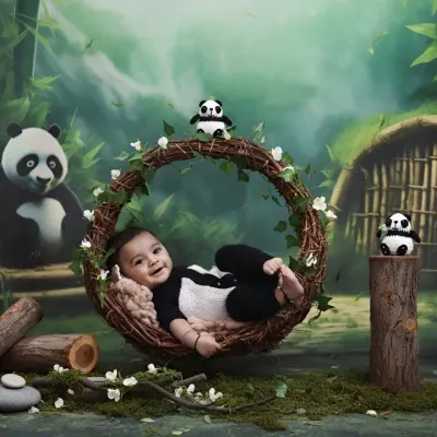 An adorable baby dressed as a panda, smiling while resting in a rustic vine wreath. The lush bamboo forest backdrop completes this charming wildlife scene.