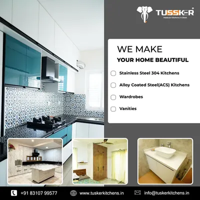 We make your home beautiful with a comprehensive range of steel solutions. This overview shows our core offerings: Stainless Steel 304 kitchens, Alloy Coated Steel (ACS) kitchens, wardrobes, and vanities, each designed to elevate your living space.