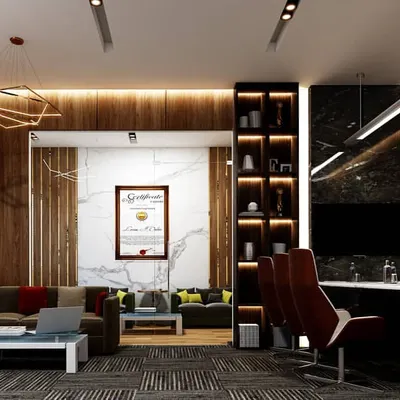 This is an overview of a multi-functional office space, combining an executive work area with a comfortable lounge for informal meetings. I used wood paneling, strategic cove lighting, and marble accents to create a sophisticated and professional atmosphere.