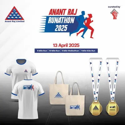 It's all about the runner's reward. This image showcases the complete participant kit for the Anant Raj Runathon, including the official T-shirt, a finisher medal, and a tote bag. I ensure every runner feels valued.