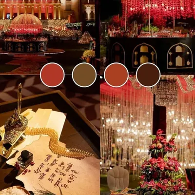 A mood board for a royal, Heeramandi-inspired wedding theme, featuring a rich color palette of deep reds, browns, and gold.
