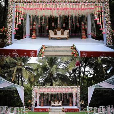 A beautiful Seemantham ceremony setup at Farmhouse Collective. The traditional stage decor with intricate floral hangings looks stunning in the bright daylight.