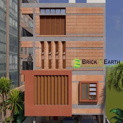 This 3D elevation concept shows a modern design using exposed brick and varied textures. This visualization process allows us to perfect the exterior look and material choices together.