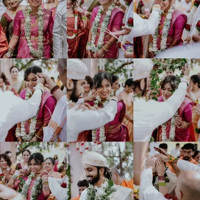 A nine-image grid capturing the key moments of a traditional wedding ceremony, from the exchange of garlands to blessings from family.