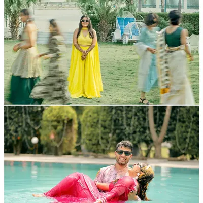 A collage from a fun-filled Haldi celebration, featuring a creative motion blur shot of the guests and a romantic couple portrait in the pool. This captures both the energy and intimacy of the event.