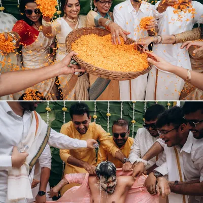 A collage of pure, unadulterated fun from the Haldi ceremony. From showering the groom with petals to drenching him in water, these are the chaotic moments that make the best memories.