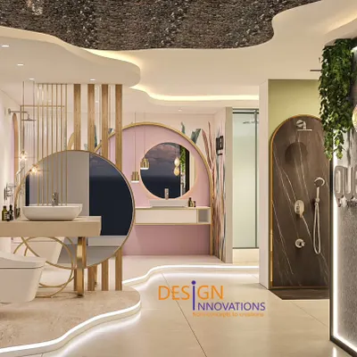 The hero view of our design for the QUEO bath lounge. The space is defined by its soft curves, textured ceiling, and layered lighting, creating a journey of discovery through different bathroom concepts and showcasing products in an aspirational setting.