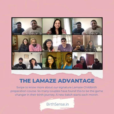 A snapshot of one of my online Lamaze classes. In these small, interactive groups, we create a safe space for couples to learn, ask questions, and connect with others on the same journey.