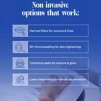 Botox isn't the only option for rejuvenation. I offer a range of effective non-invasive treatments, including dermal fillers for volume, RF microneedling for skin tightening, chemical peels for texture, and laser treatments for overall rejuvenation.