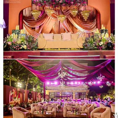 We create breathtaking settings for your most important moments. This collage showcases a beautifully draped stage with cascading chandeliers and a luxurious outdoor lounge area under a canopy of lights, perfect for a sangeet or reception.
