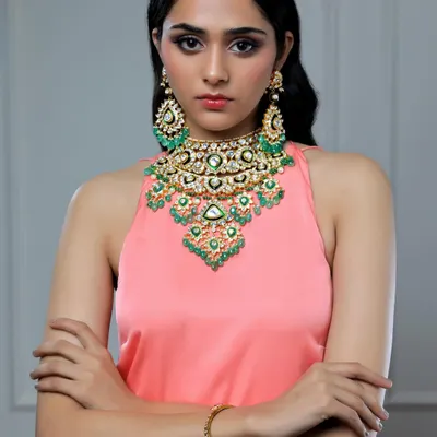 In this jewellery campaign, I styled a magnificent emerald and polki bib necklace with a simple pink halter top. This allows the intricate, multi-layered design of the traditional Indian jewellery to be the undisputed star of the shot.