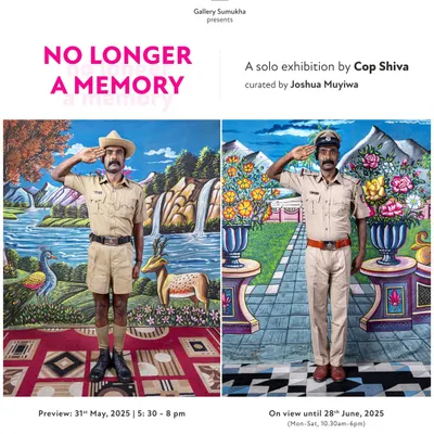 The official invitation for 'No Longer A Memory', a solo exhibition by Cop Shiva. The image features the artist in his signature performative style, inviting viewers into a world where memory and photography intersect.