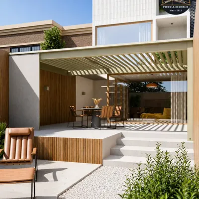 Minimal design, maximum elegance. This concept showcases a clean, modern pergola integrated with a raised deck and minimalist furniture, creating a serene and sophisticated outdoor lounge space.