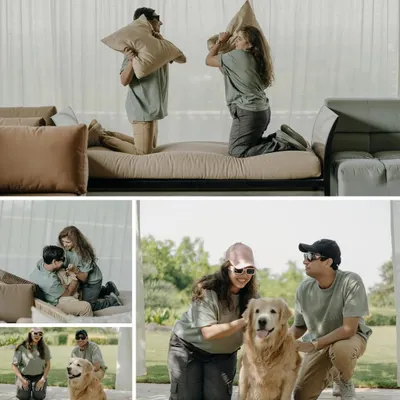 A collage of pure joy. From a playful pillow fight to cuddles with their beloved golden retriever, this collection captures the fun-loving spirit of this couple and their furry family member.