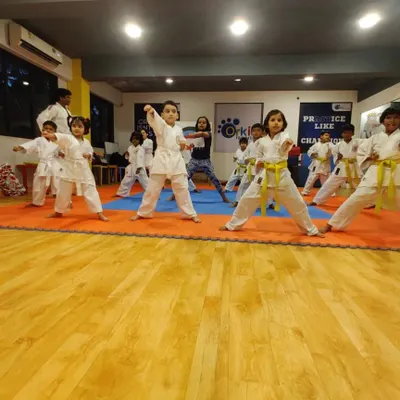 The journey of a thousand miles begins with a single step. Here, our youngest karateka practice their foundational stances and kata forms in a group class, building discipline, focus, and strength from an early age.