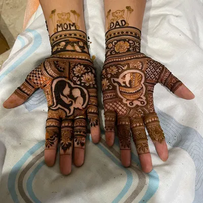 A heartwarming baby shower design. One hand features a silhouette of a mother and child, while the other has a baby in a cradle. The wrists are personalized with "Mom" and "Dad".