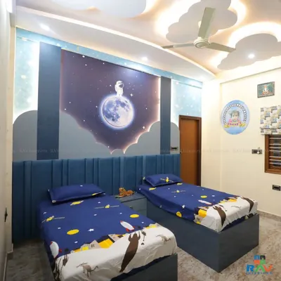 A dreamy kids' room with a space-themed wallpaper, featuring an astronaut on the moon. The room has two single beds with matching blue bedding, perfect for siblings.