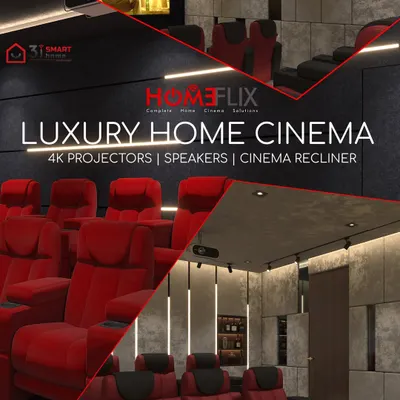 A promotional graphic showcasing the key elements of our luxury home cinemas: 4K projectors, high-fidelity speakers, and premium cinema recliners.