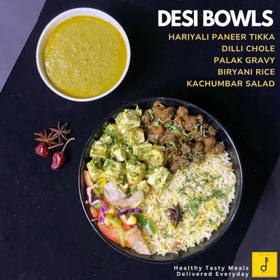 This is one of our Desi Bowls, packed with Hariyali Paneer Tikka, Dilli Chole, and Biryani Rice. It's proof that you can enjoy the comfort of Indian food while staying on track with your nutrition.