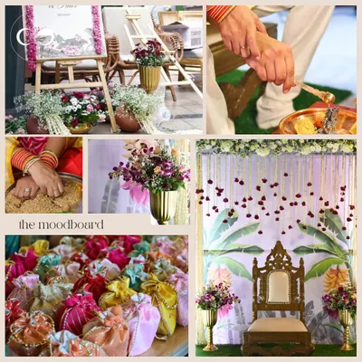 This moodboard captures the essence of a traditional Seemant ceremony I planned. It showcases the blend of sacred rituals, vibrant decor with a royal throne, colorful potli favors, and the beautiful, emotional moments of the day.