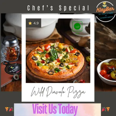 Meet our Chef's Special, the Wild Diavolo Pizza. It's loaded with fresh vegetables, spicy jalapenos, and plenty of cheese, making it a fiery and flavorful choice for any pizza lover.