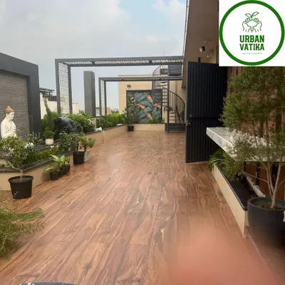 A full terrace garden setup in progress, featuring a variety of plants in different pots to create a lush, multi-level green space.