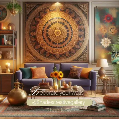 This living room is centered around a large, intricate Vaastu Mandala painting. Mandalas are sacred designs used to harmonize energy, and we create custom pieces like this to foster peace, prosperity, and well-being in your home.