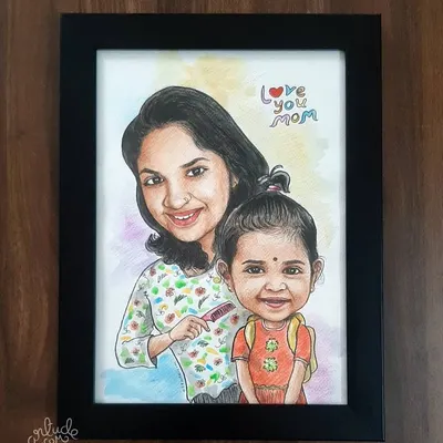 A heartwarming 'Love You Mom' caricature of a mother and daughter, created as a special gift for Mother's Day.