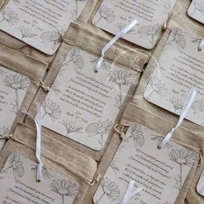 For a large wedding order, I created these custom thank you notes, which were attached to rustic jute bags. It's these personal touches that make favors memorable.
