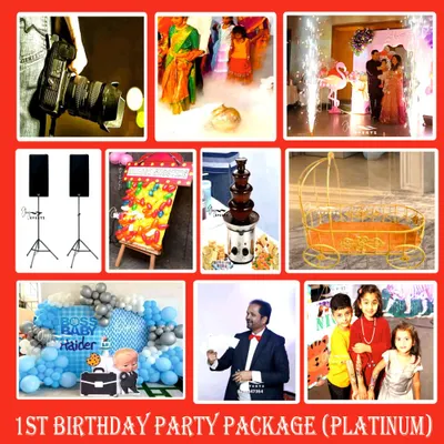 Our Platinum first birthday package is designed to handle every detail. This collage shows the range of services we provide, including professional photography, themed decorations, sound systems, and even a golden baby carriage prop.