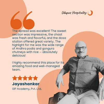 We are grateful for this wonderful review from Mr. Jayashankar of SIP Academy. He highlights our excellent spread, fresh chaat, varied dosa station, and the authentic Andhra podis and gongura chutneys.