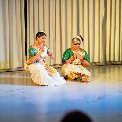 An emotive scene from "Uthara," an experimental piece based on the Mahabharata, presented at an intimate retreat setting.