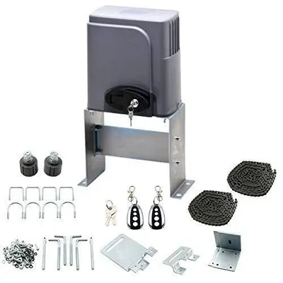This image displays a complete kit for a sliding gate automation system. It includes the powerful motor, mounting hardware, chains, and remote controls, representing the high quality components we use for every installation to ensure secure and reliable access to your property.