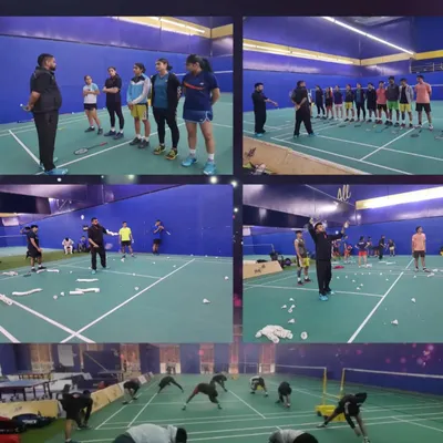 A collage showing the Delhi Under-19 team during a training camp for the nationals. We cover everything from intense physical conditioning and multi-shuttle drills to strategy sessions.