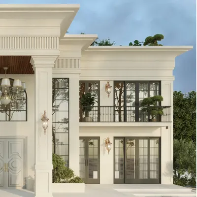 A closer look at the detailing on our 2.5-acre signature estate. This view highlights the intricate mouldings, wrought-iron balcony railings, and the warm glow of the brass-finished wall sconces against the clean, micro-concrete finish.