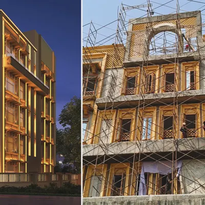 A comparison of the architectural render and the on-site construction of the Jain Upashray in Vile Parle, Mumbai. This image shows our vision for a contemporary expression of cultural heritage being brought to life with meticulous detail.