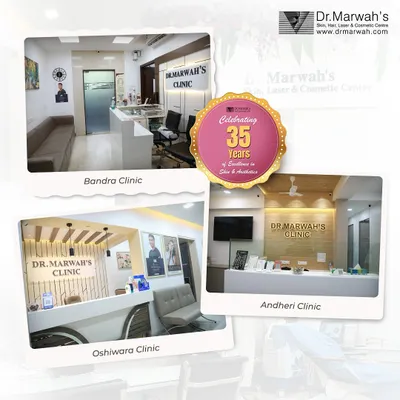 Celebrating 35 years of excellence, this collage shows our three state-of-the-art clinics in Bandra, Oshiwara, and Andheri. Each location is equipped with the latest technology to provide trusted dermatological and cosmetic care.