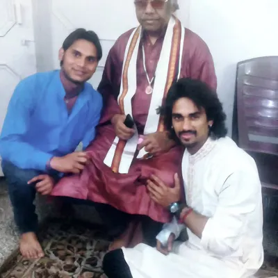 With my respected Guru, Madhup Shri Chhotelal Ji. The foundation of my musical knowledge and discipline comes from his teachings, and I am forever grateful for his guidance in Indian classical music.