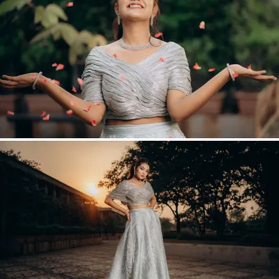 A beautiful two-photo collage of the bride. The top image captures her joy as she throws petals in the air, while the bottom is a stunning full-length portrait against the setting sun.