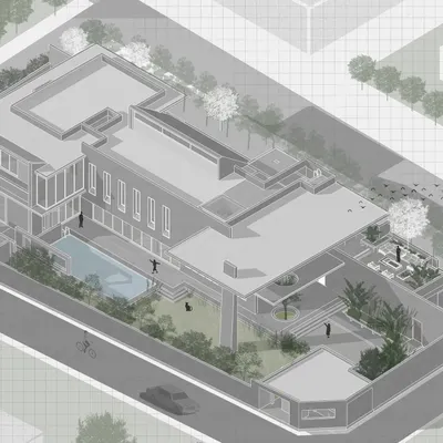 An axonometric drawing of the House Around the Oblique Column. This conceptual view illustrates the entire spatial organization, showing the relationship between the building, pool, and landscape.