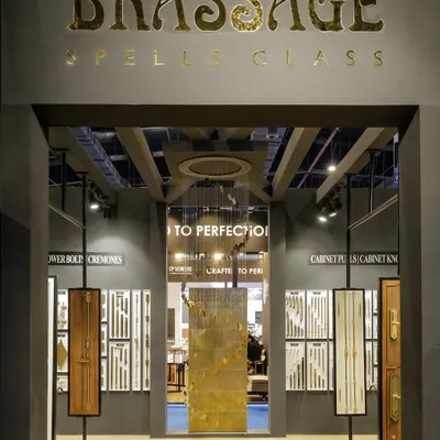 The entrance to my stall at Indiawood 2025. I designed the space to be an immersive experience, inviting visitors to step into the world of Brassage and explore the artistry and craftsmanship that goes into every piece of hardware I create.