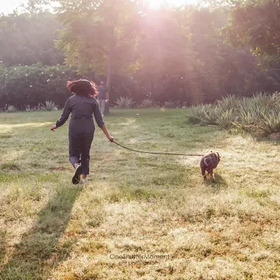 Running into the sunset with your best friend. This dreamy, light-filled photo captures a perfect moment of freedom and companionship during an evening walk in the park.