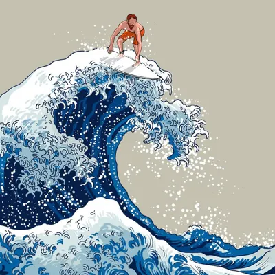 Vincent surfs on Hokusai's 'Great Wave'. It is a call to surrender to life's changes rather than resisting them, to ride the powerful forces that turn our lives upside down.