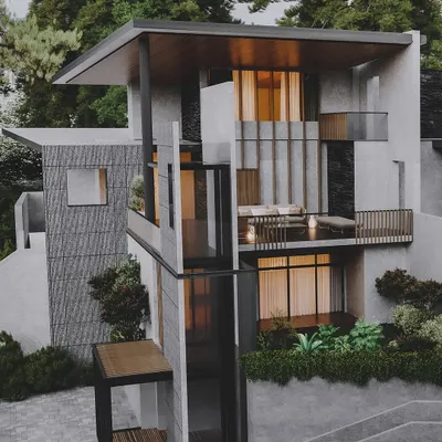 An evening view of the Kasauli villa, where the interior lighting creates a warm beacon within the cool tones of the twilight forest. This render emphasizes the building's multi-level design and the relationship between its interior and exterior spaces.