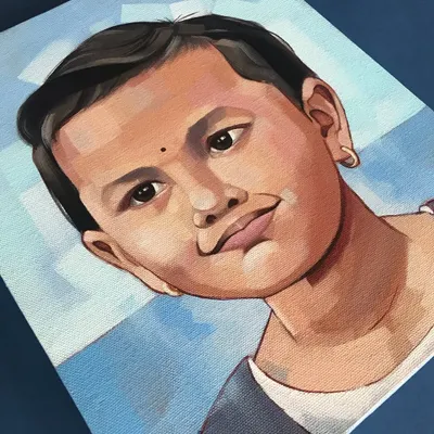 This is a commissioned acrylic portrait of Mihika. My goal was to capture her playful and curious expression with bold brush strokes and a warm color palette on a textured canvas.