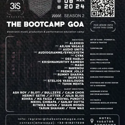 The poster for The Bootcamp Goa, an intensive electronic music production and performance camp where I am a mentor. I teach topics like hybrid live/DJ performance and advanced synthesis.
