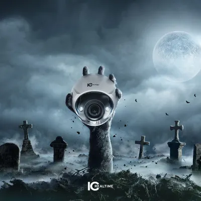 A creative Halloween-themed post featuring an IC Realtime camera. Even on the spookiest night, our 24/7 full-color cameras are there to help keep real-world threats at bay by turning darkness into day.